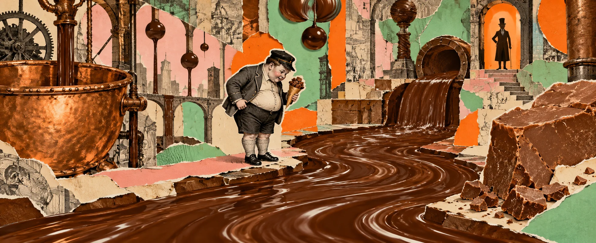 A stout boy leans over a river of melted chocolate in a fantastical candy factory.