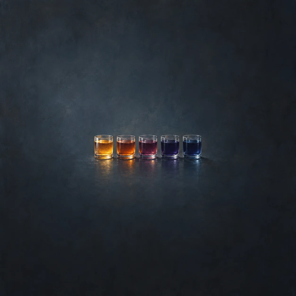 A row of five glass tumblers filled with liquid that shifts from amber to deep indigo, on a dark blue background.