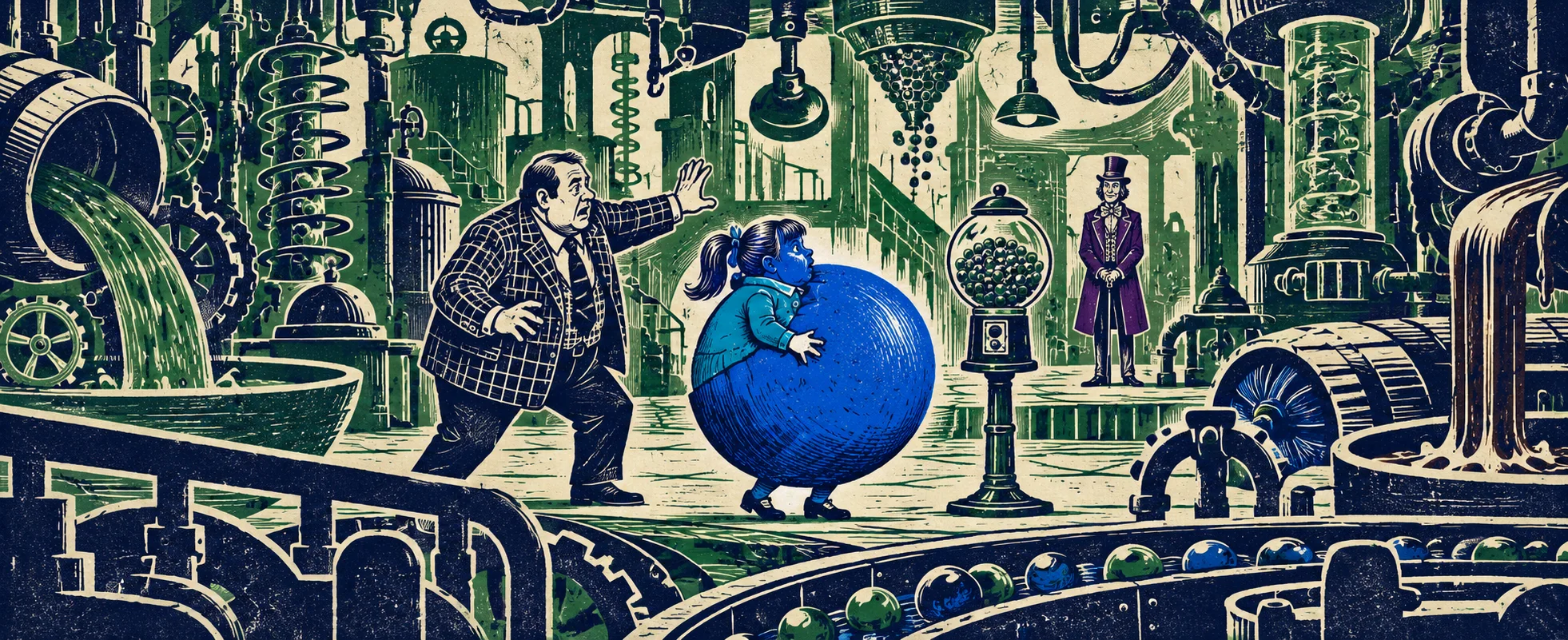 Linocut in indigo and green of the Inventing Room's machines: Violet has swollen into a giant blueberry beside a gumball machine while her father Sam reaches out in alarm and Wonka stands calmly behind.