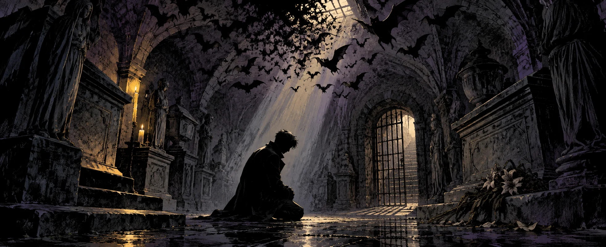 A lone figure kneels in a vast stone cave as bats stream through a shaft of light.