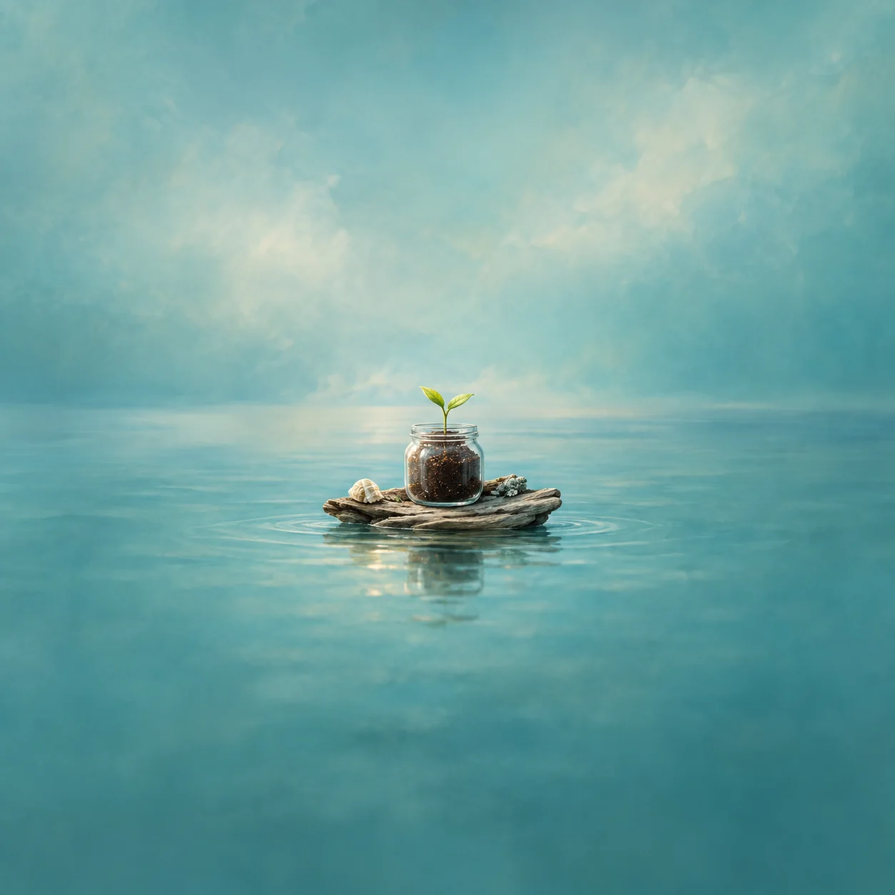 A glass jar of dark soil with a small green sprout sits on a driftwood plank against a turquoise background.