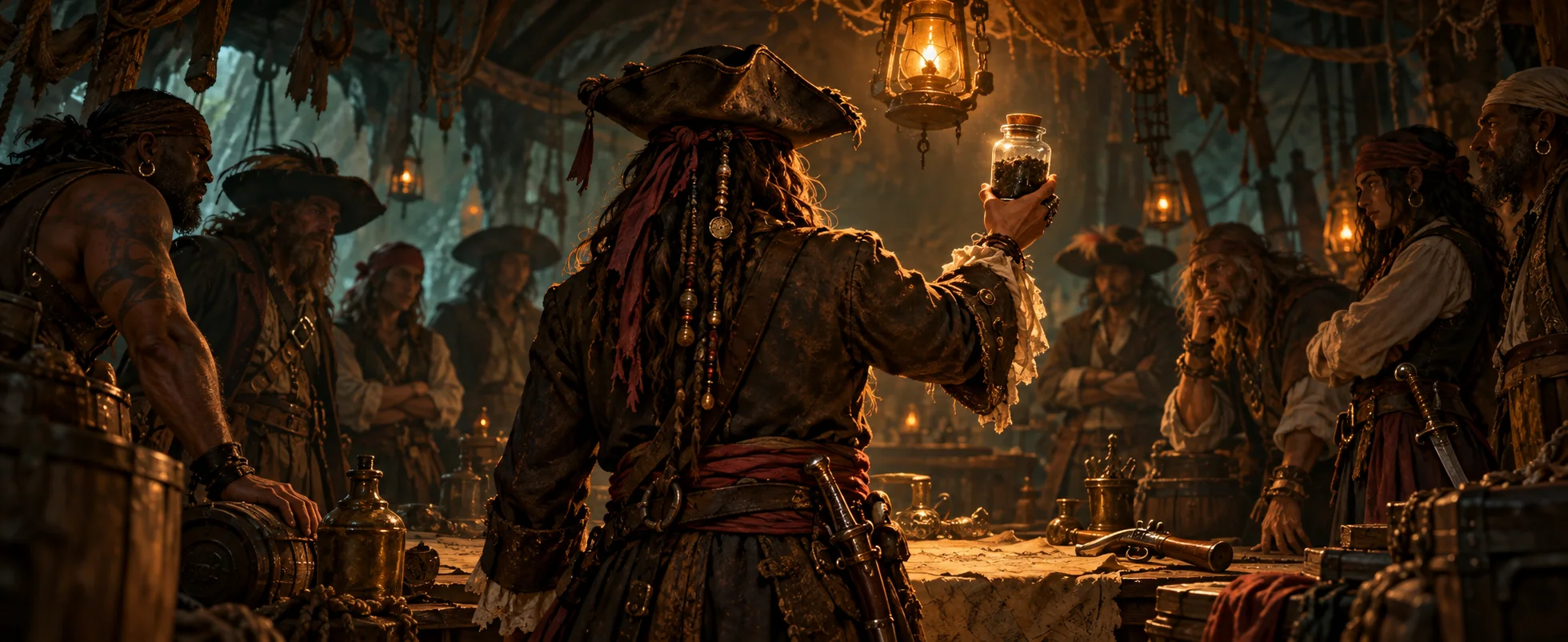 A pirate captain, seen from behind, holds up a stoppered jar of dirt to a circle of wary pirates in a lantern-lit hold.