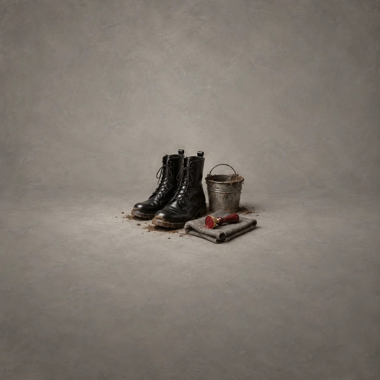 Black lace-up boots stand beside a muddy bucket and a red-handled wax seal on folded grey cloth.