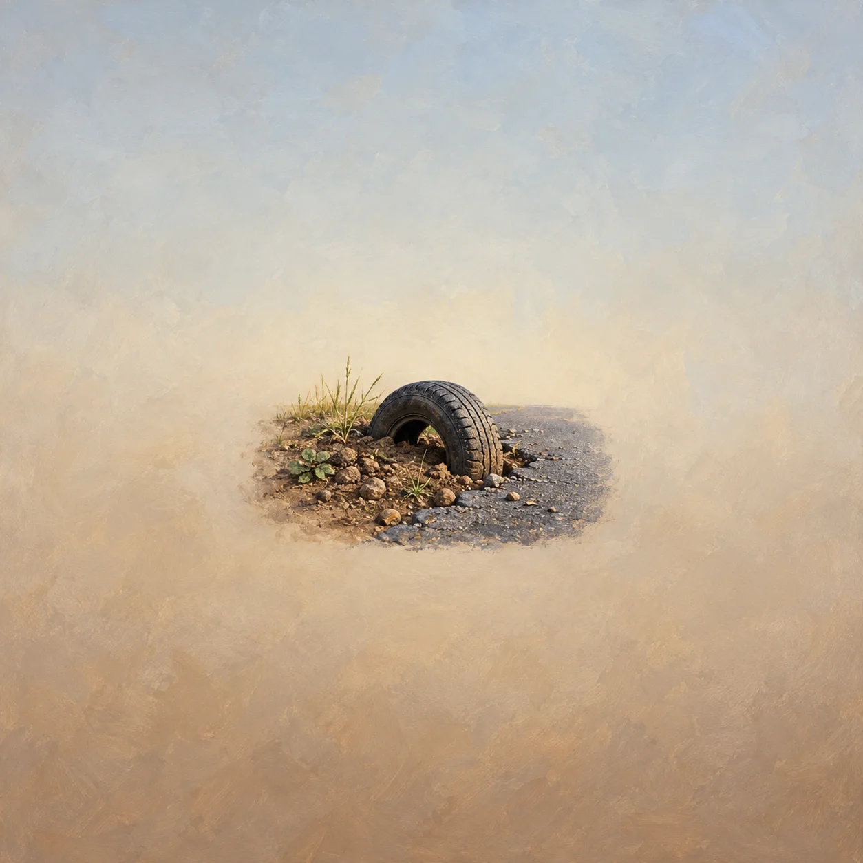 Painterly black tire partly buried where rough soil meets broken grey pavement.