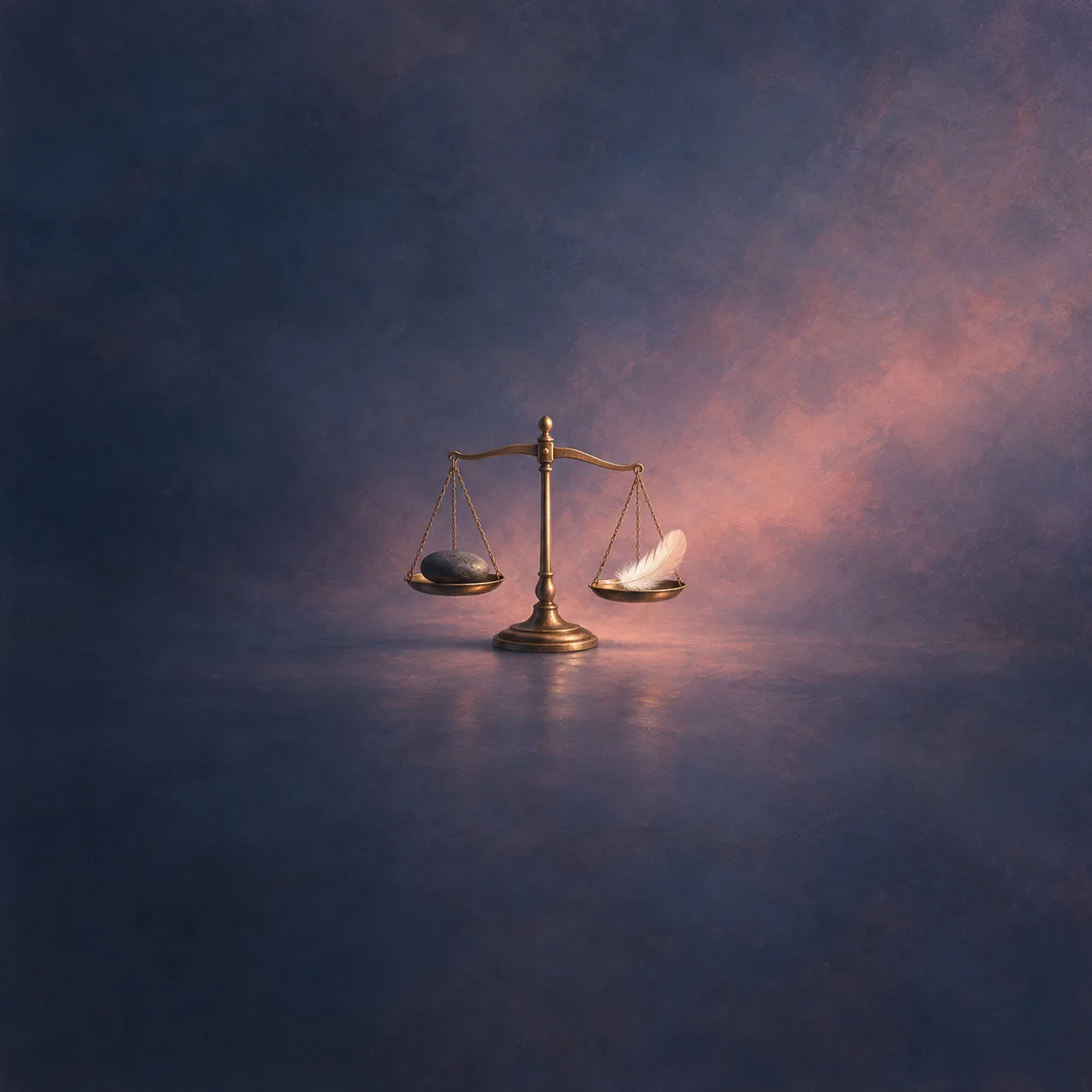 A brass balance holds a dark pebble and a pale feather against dusky purple.