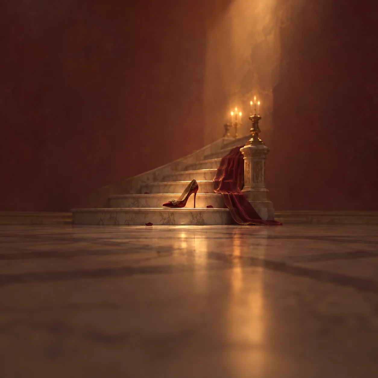 A red high-heeled shoe rests on a marble stair beside burgundy drapery and glowing candles.