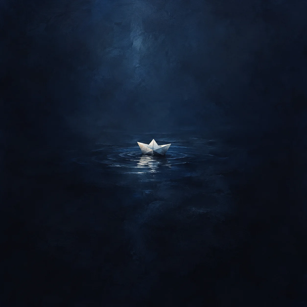 A tiny white paper boat floats on dark blue rippling water.