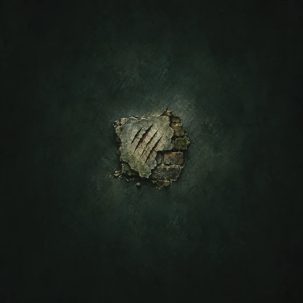 A cracked piece of wall bears diagonal claw-like scratches against a dark green background.