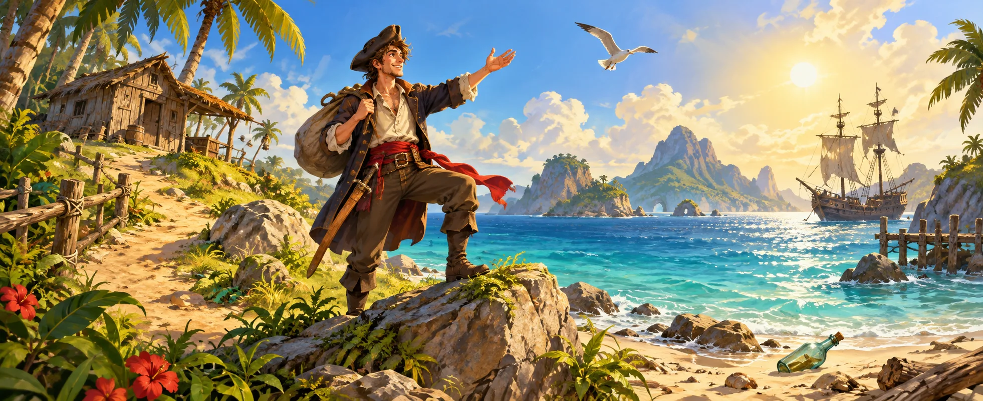 A cheerful young man in a pirate coat stands on a rock above a tropical beach, arm raised in a bold declaration, a ship on the horizon.