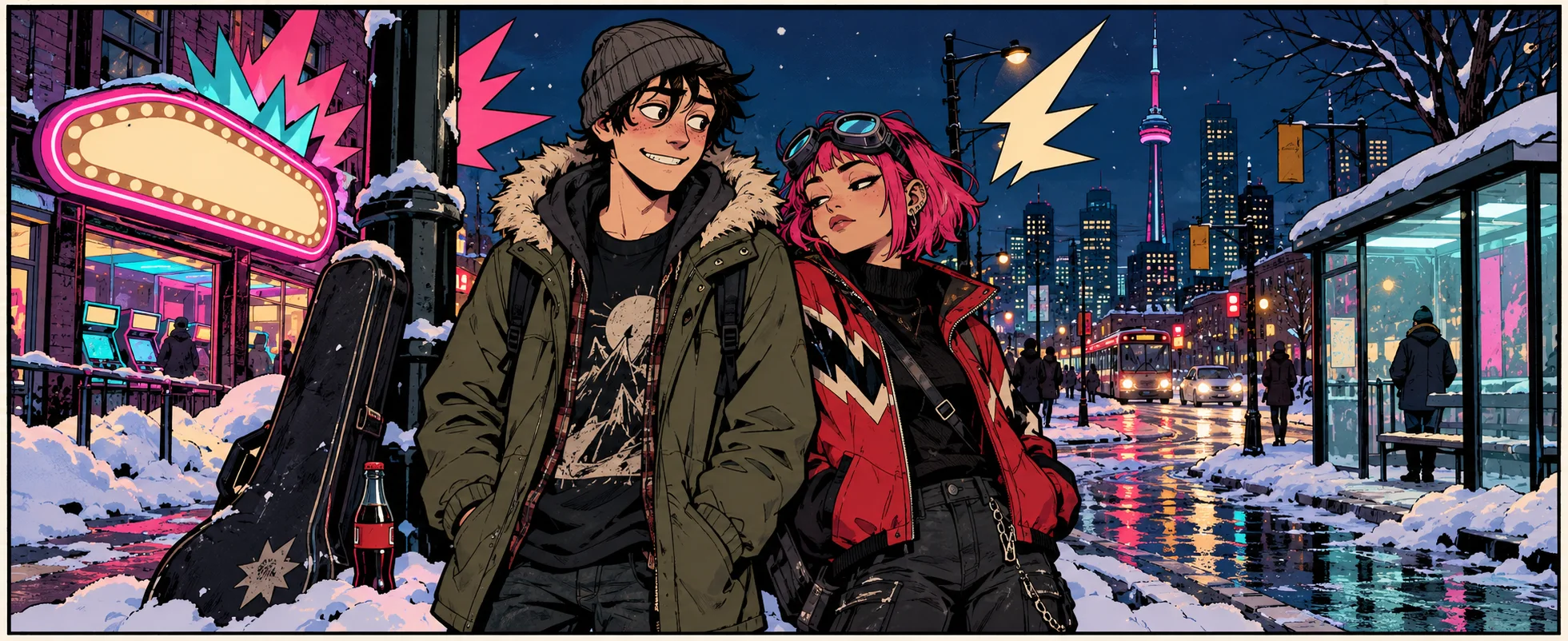 Bold graphic illustration of a grinning young man in a beanie and parka and a young woman with a vivid pink bob and goggles on a snowy Toronto street at night, neon signs and the CN Tower behind.