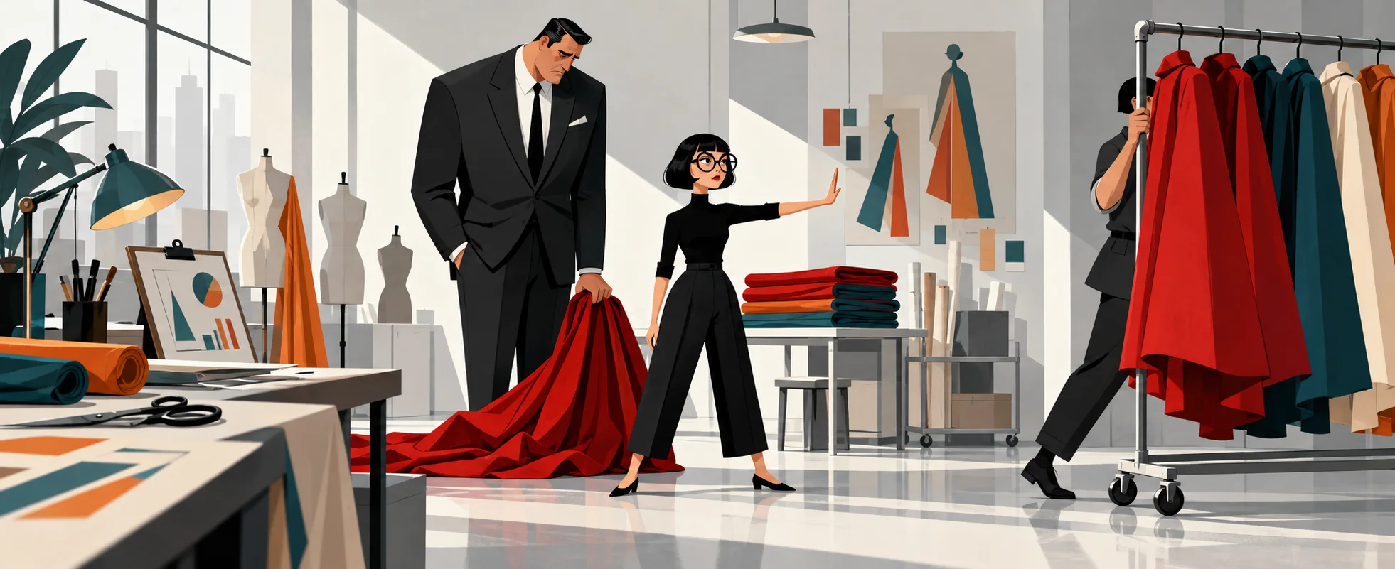 A tiny designer in black holds up a hand to stop a big man in a suit holding a red cape, as an assistant wheels a rack of capes away.