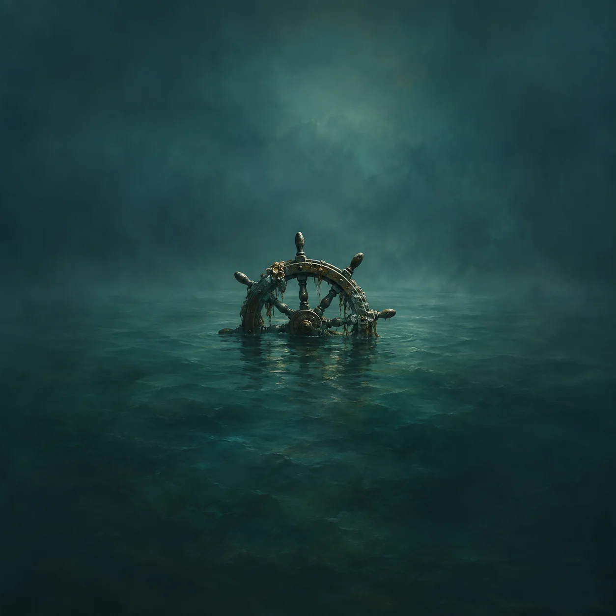 A weathered ship's wheel is partly submerged in dark teal water beneath a misty sky.