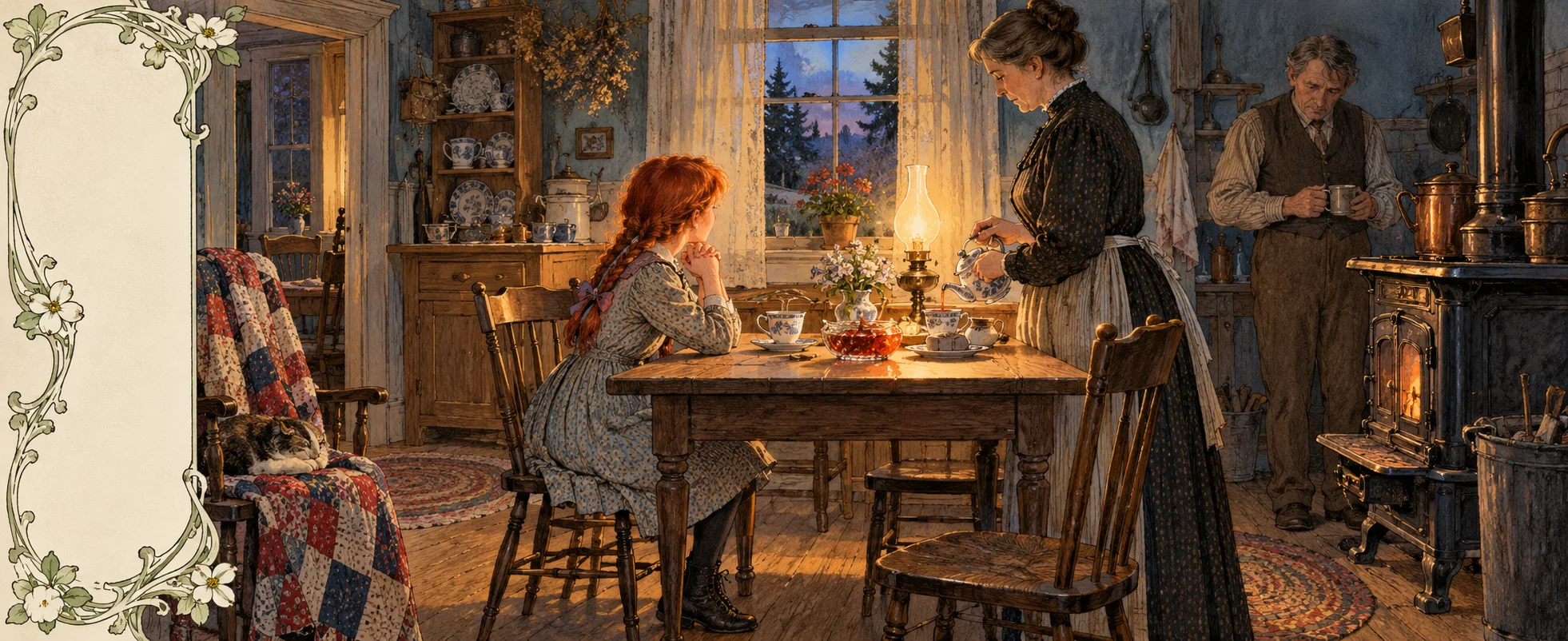 A red-haired girl sits at a farmhouse kitchen table as a stern woman and a shy old man look on by the stove.