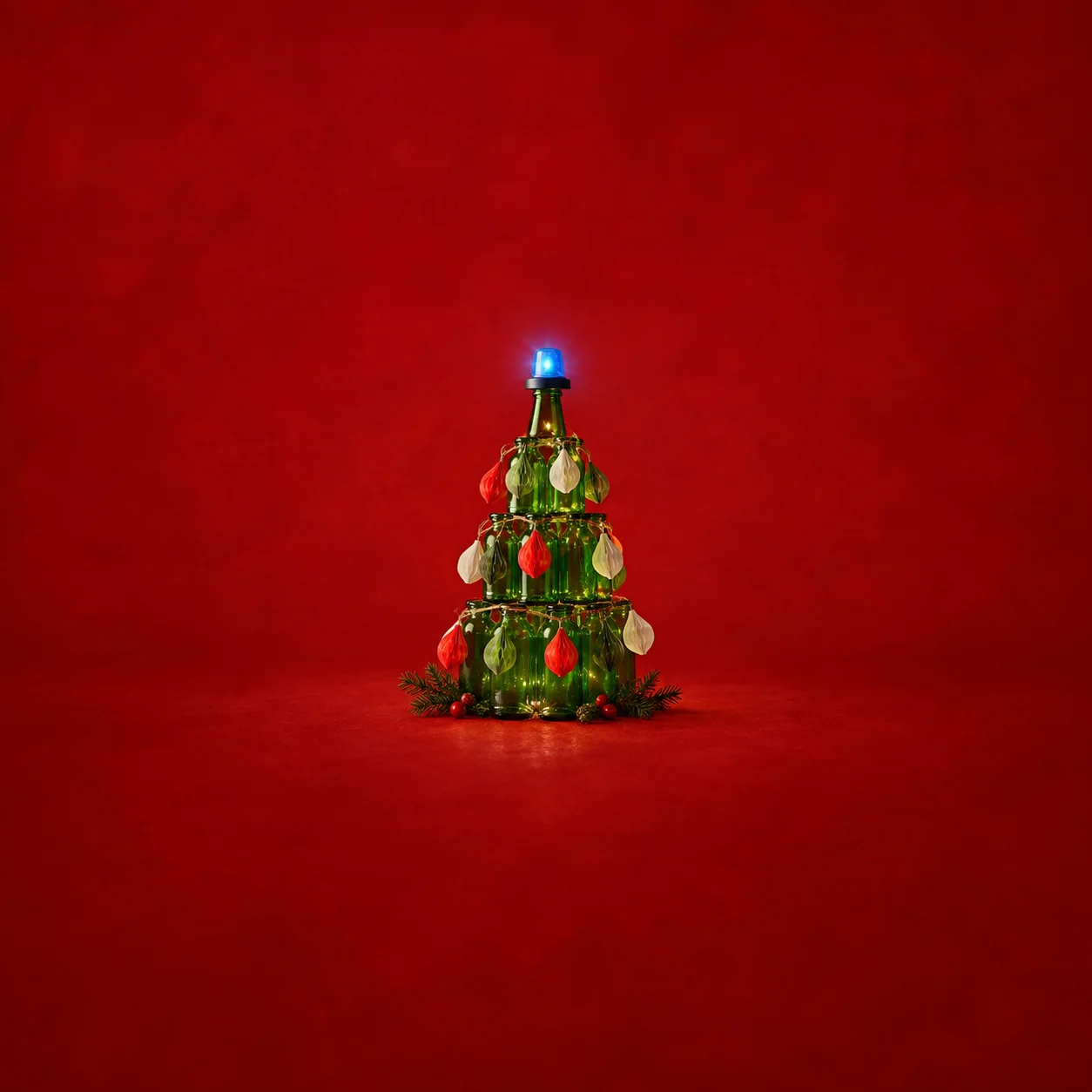 Green bottles form a small Christmas tree decorated with teardrop ornaments and a glowing blue light against red.