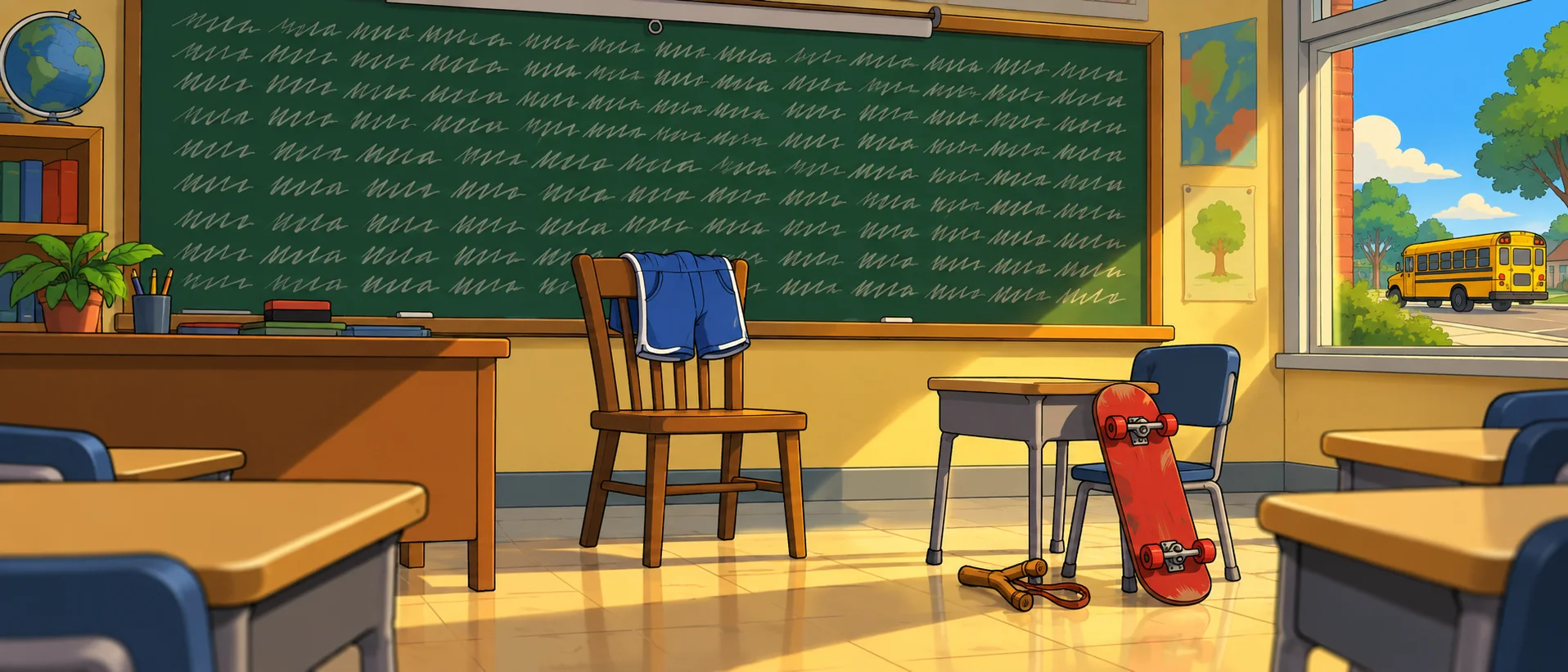 An empty cartoon classroom with a chalkboard full of scrawled lines, a skateboard and slingshot by a desk, and a pair of blue shorts flung over the teacher's chair.