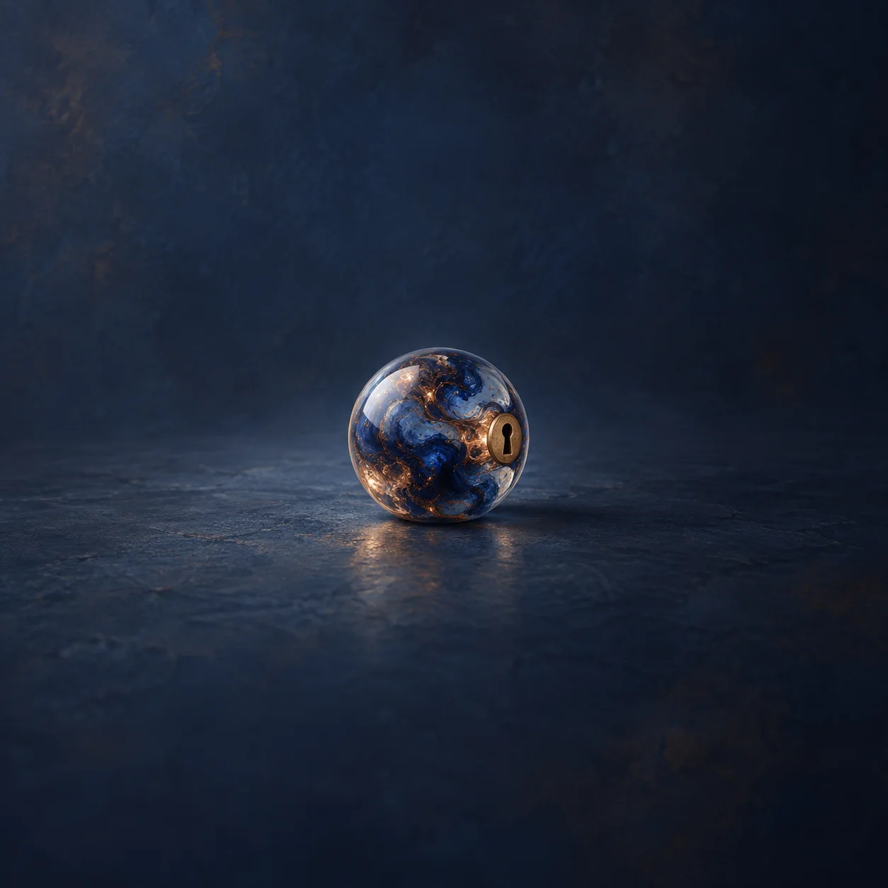 A glass sphere with swirling indigo and copper colors and a brass keyhole, resting on a dark blue surface.