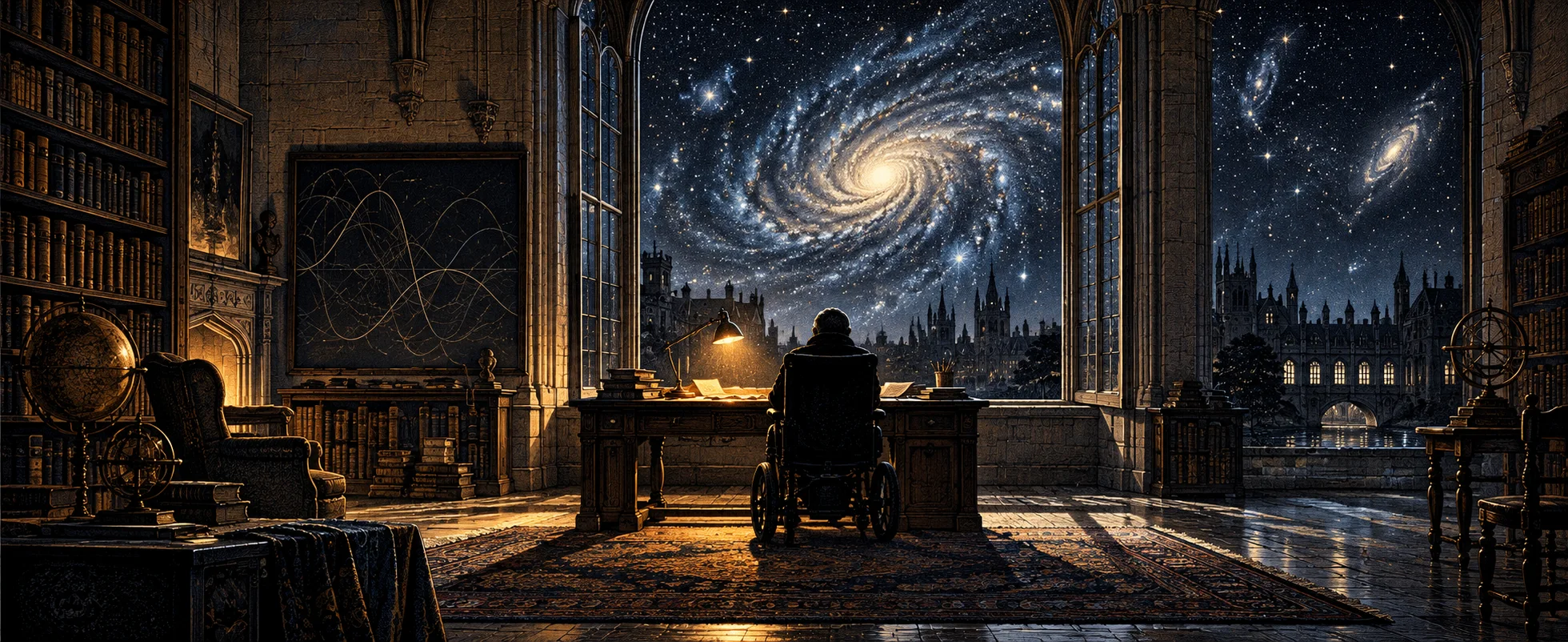 A figure in a wheelchair sits at a desk in a dark Cambridge study before tall windows filled with a vast spiral galaxy.