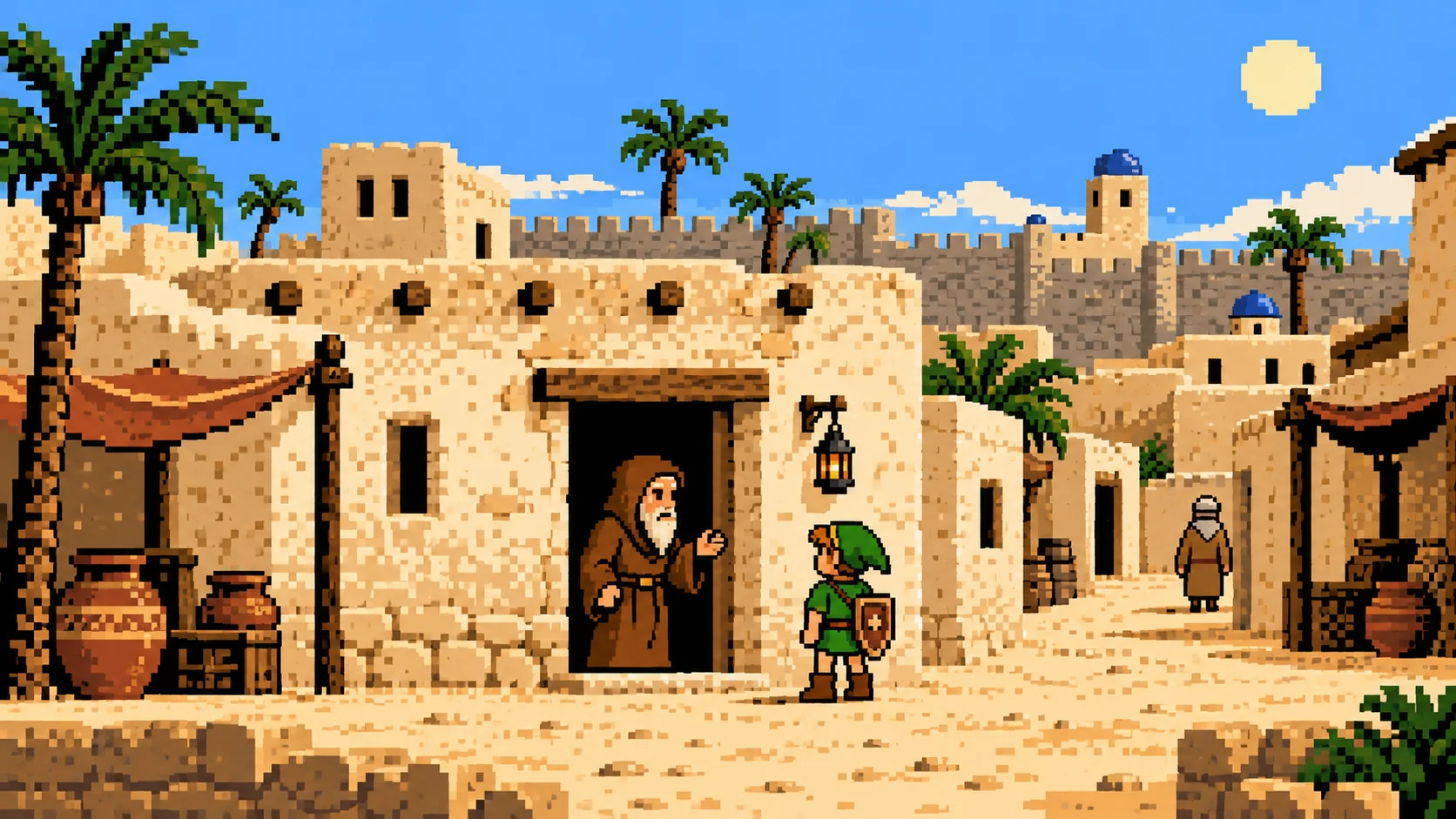 Pixel-art scene of a sandy desert town: a bearded villager in a brown robe stands in a doorway talking to Link, a small hero in a green tunic and cap with a shield.