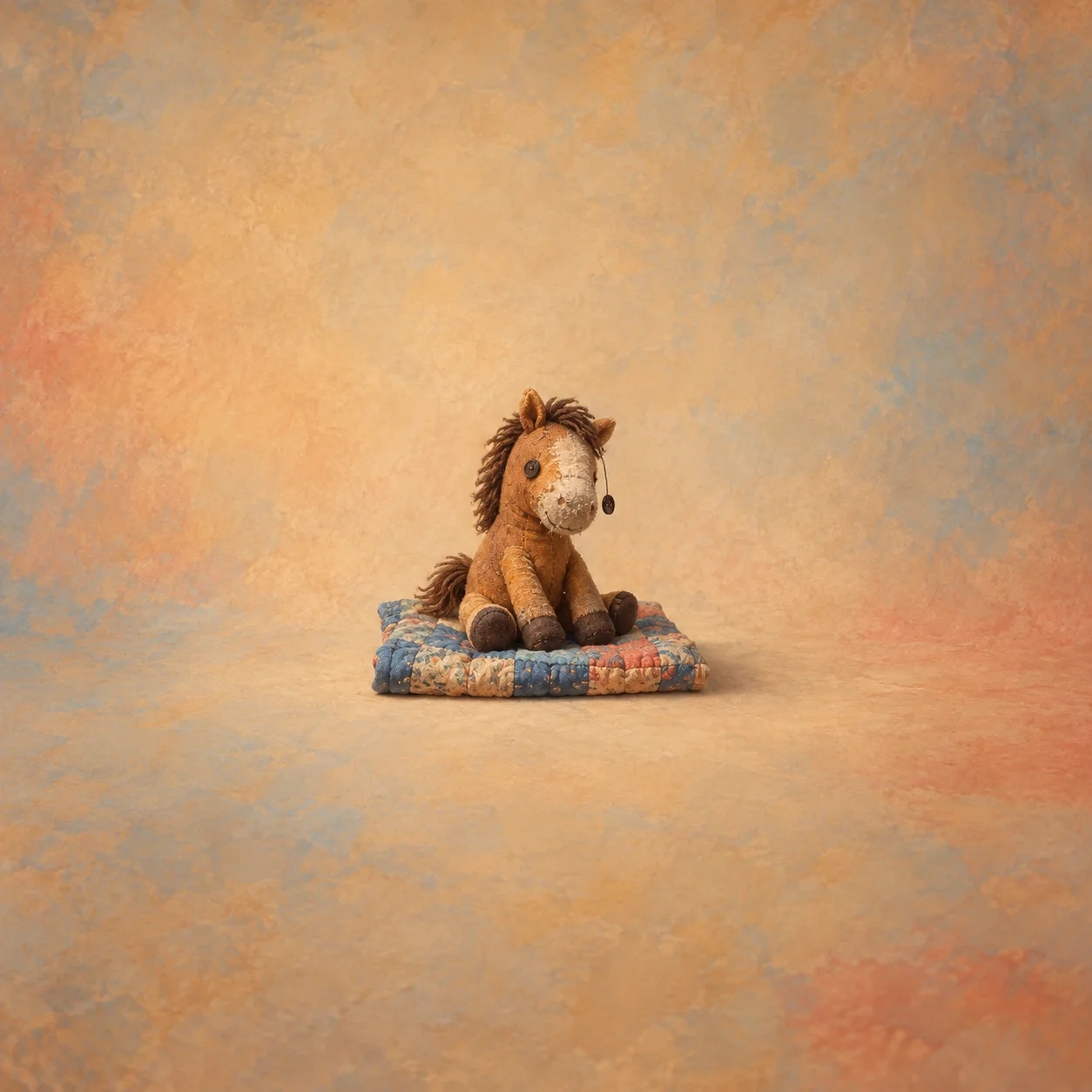A worn plush horse sits on a folded patchwork quilt, with a loose button eye dangling beside its face.