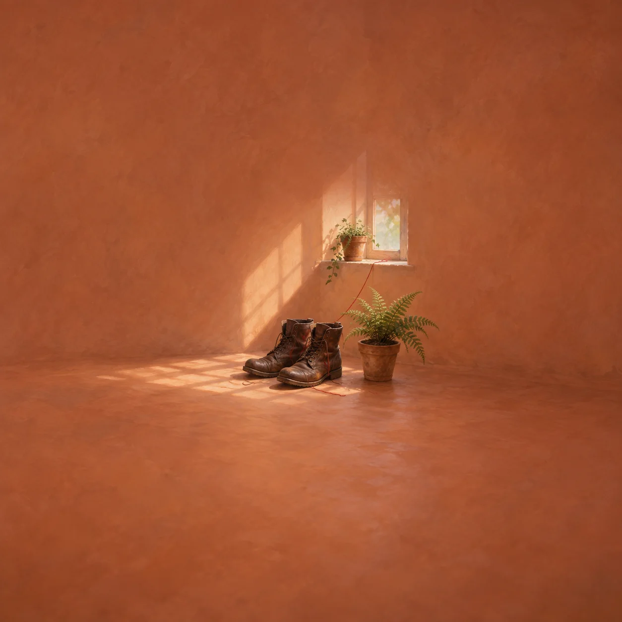 A pair of worn brown boots sits beside a potted fern in a warm terracotta room beneath a sunlit window.