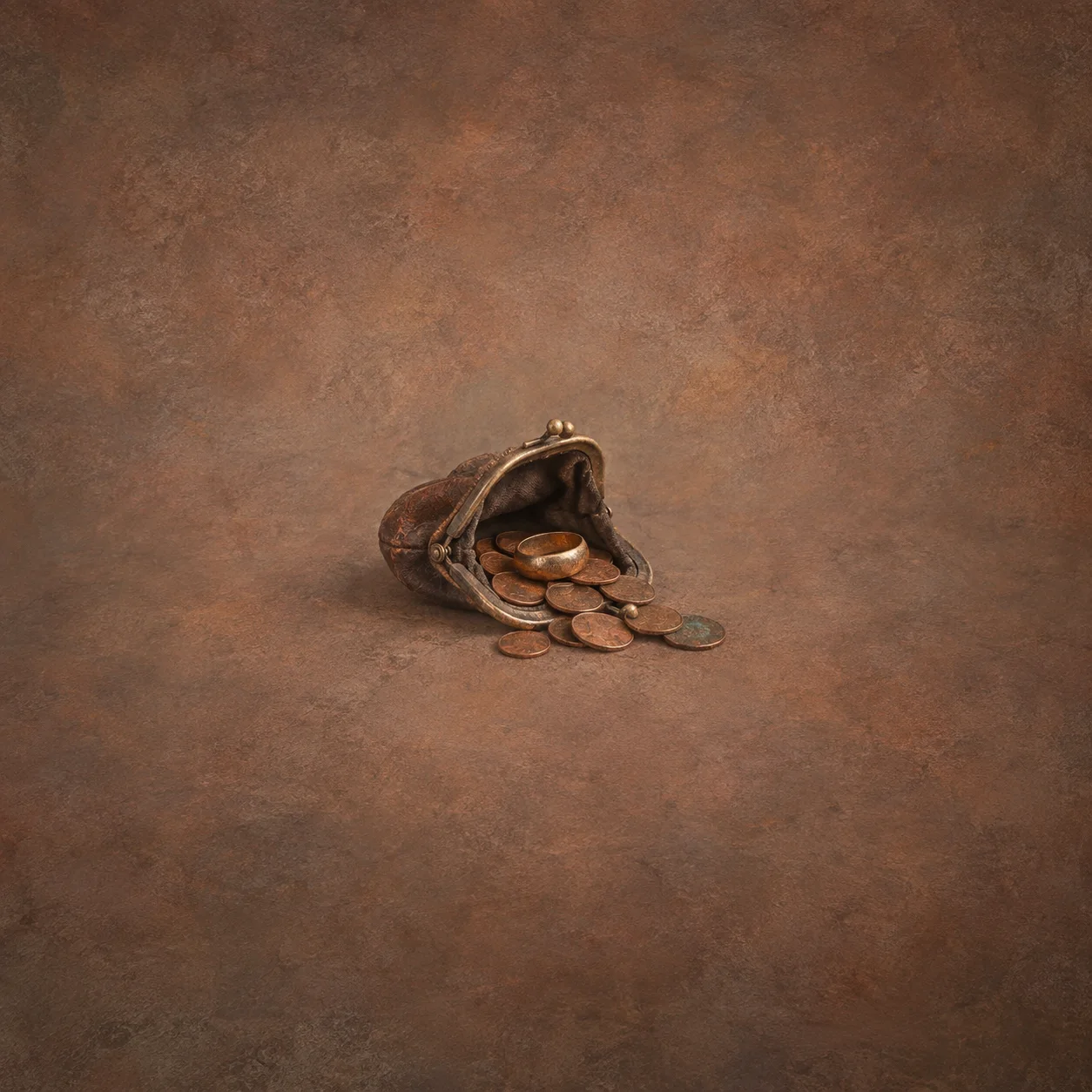 A worn brown coin purse spills old coins onto brown ground.
