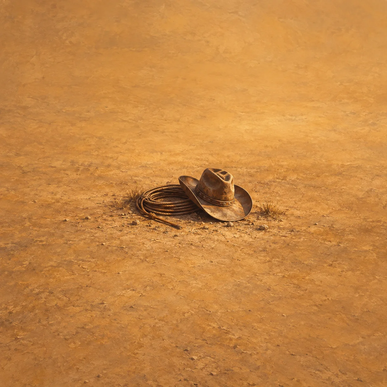 Painterly coiled rope beside a weathered cowboy hat on dusty ochre ground.