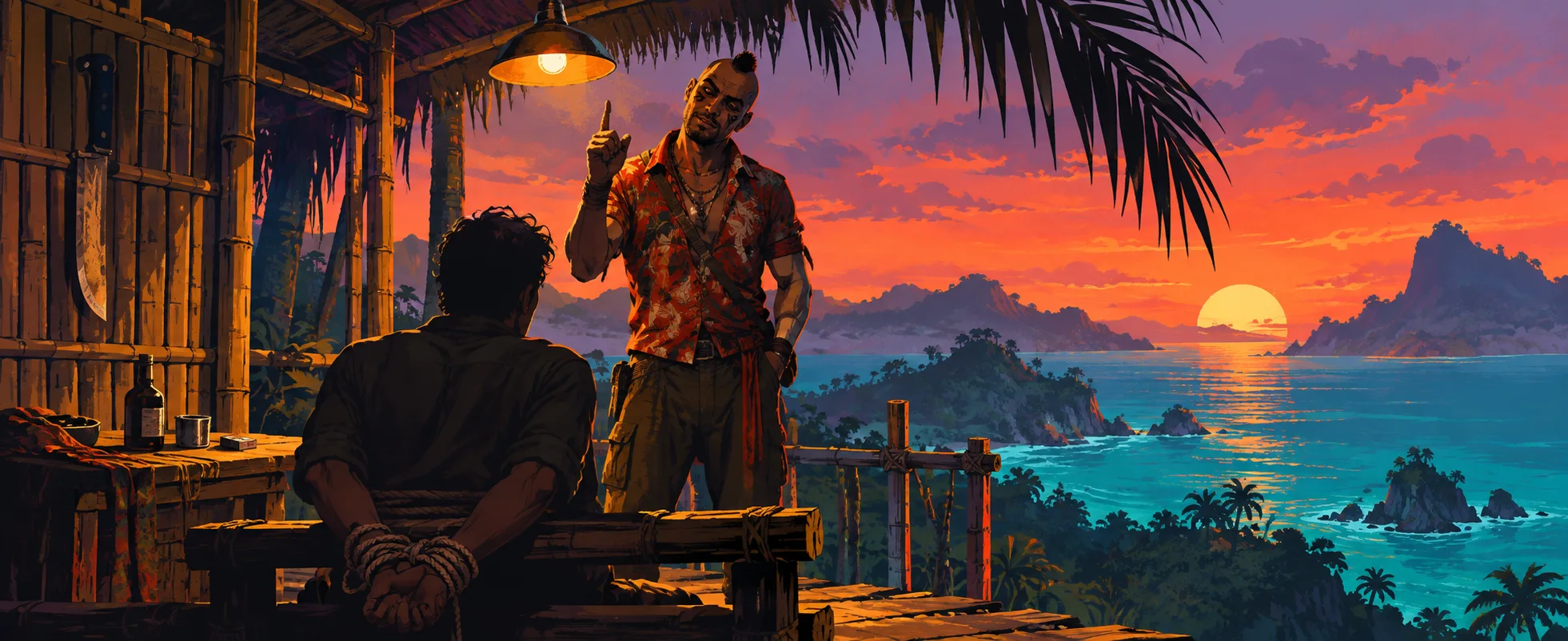 A tattooed pirate with a mohawk lectures a bound captive on a bamboo veranda above a turquoise tropical sea at sunset.
