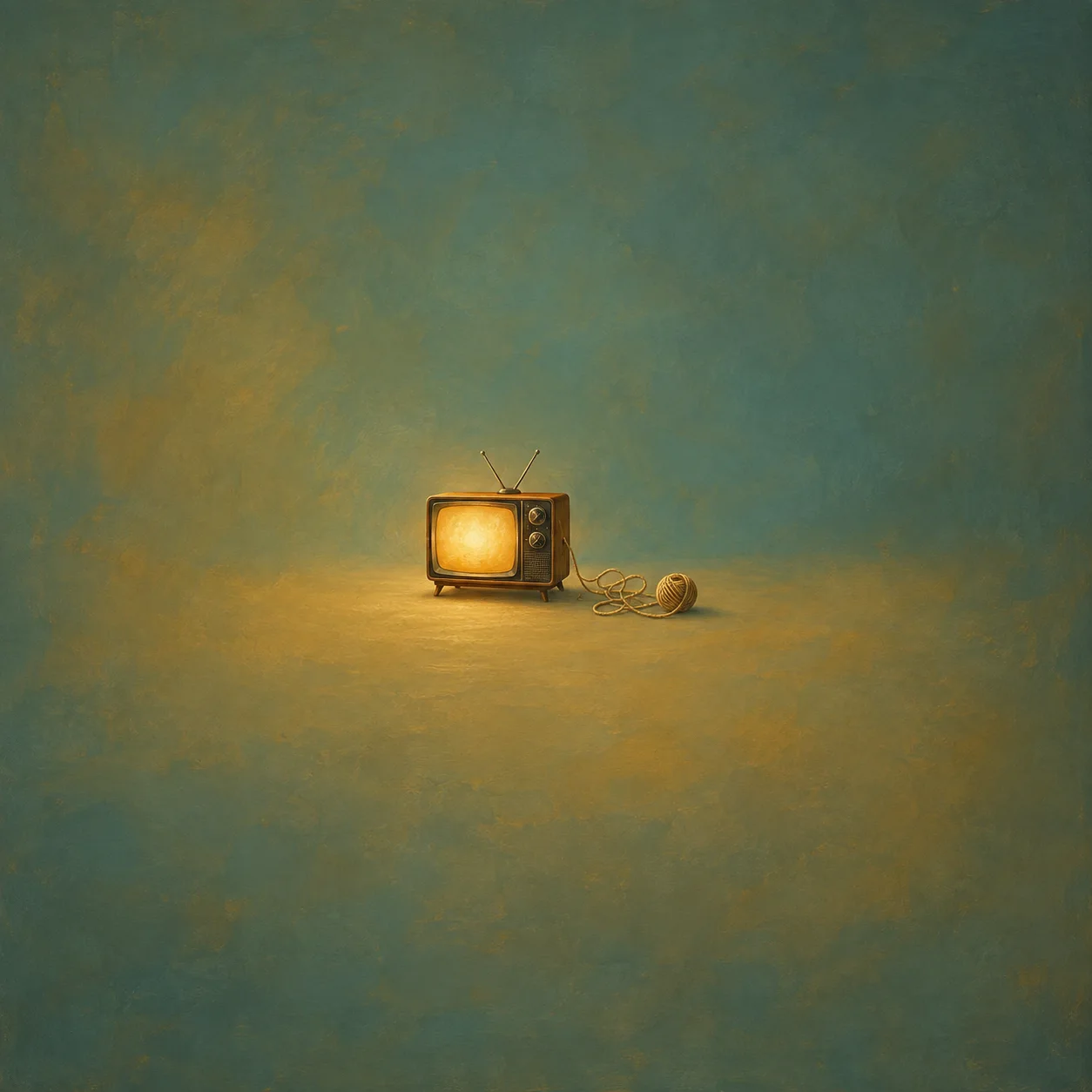A small vintage television glows yellow beside a ball of gold yarn and loose loops of thread against a green background.