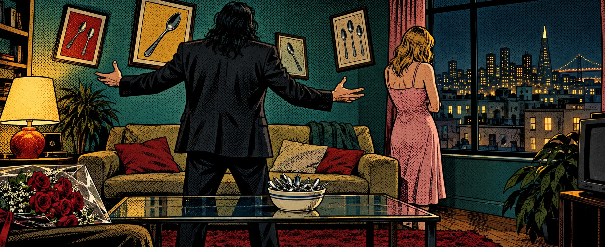 A long-haired man in a suit, seen from behind, flings his arms wide in anguish in a living room with framed spoon pictures, a blonde woman by the window.
