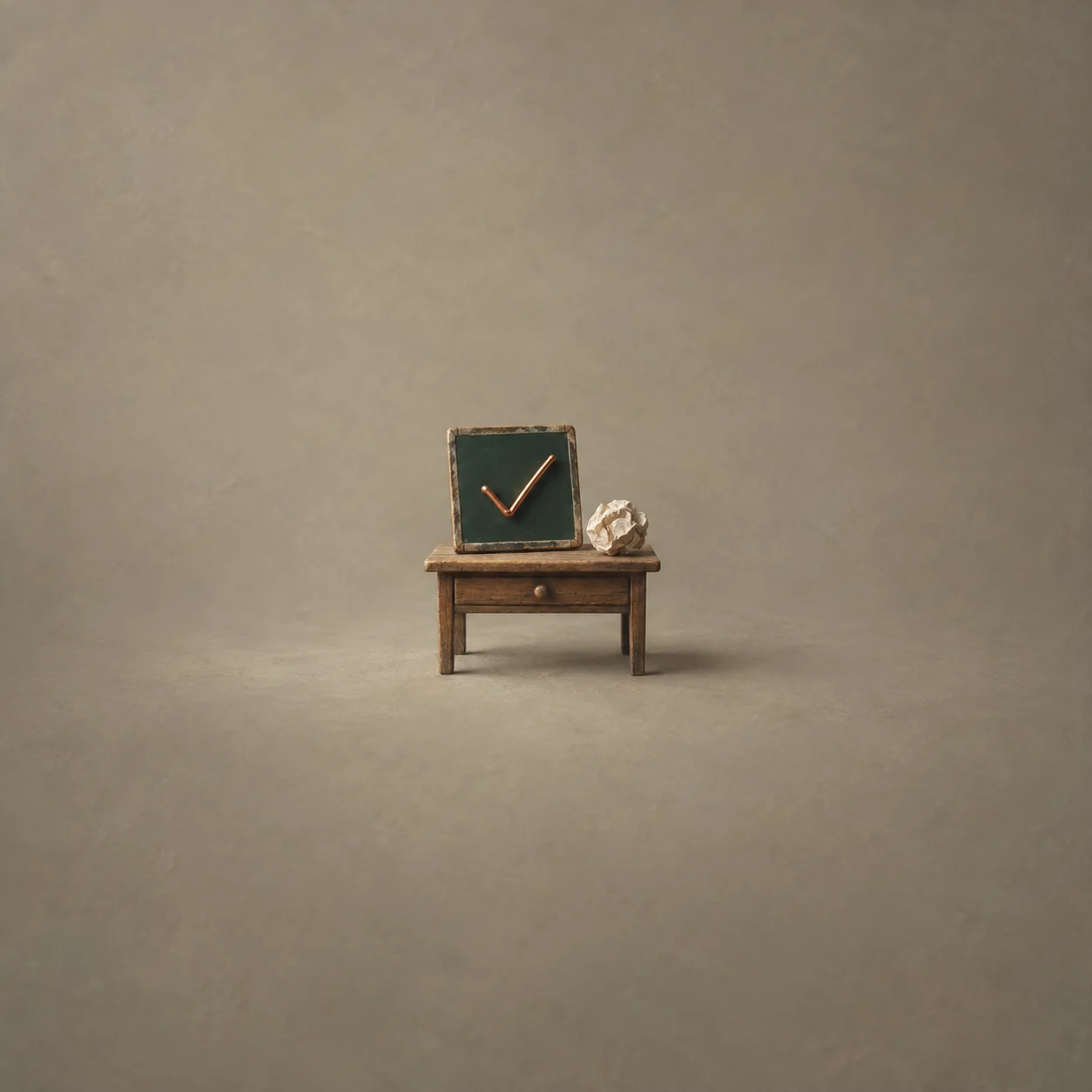 A small wooden desk holds a green slate with a copper tick mark and a crumpled paper ball.