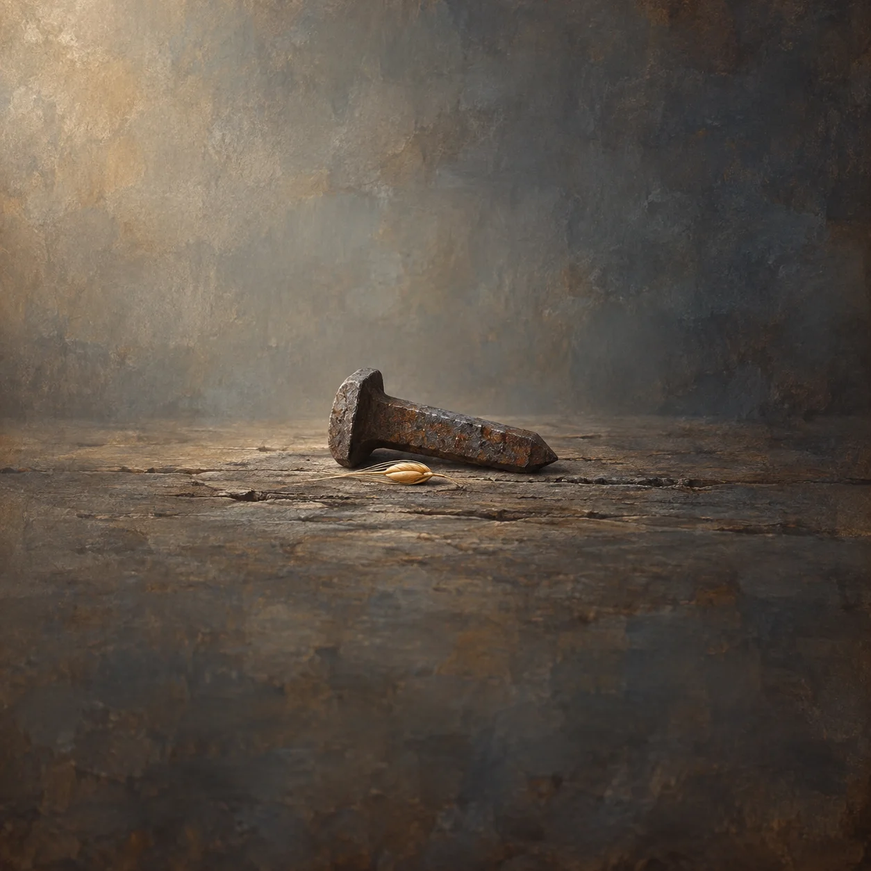 Painterly small golden grain beside a large rusty iron spike on worn wood.