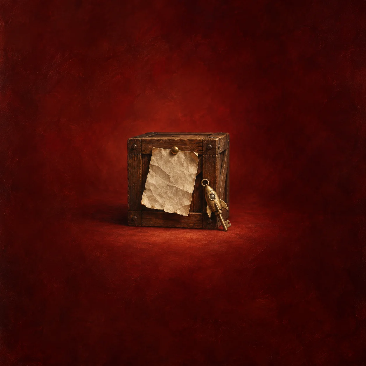 A crumpled blank sheet is pinned to a wooden crate beside a brass rocket-shaped key.