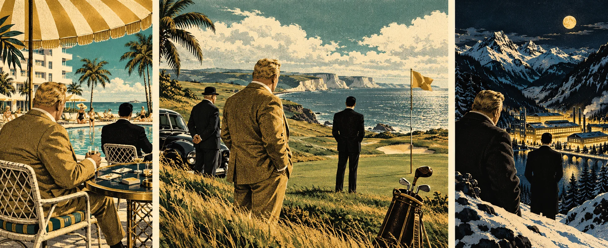 A screen-print triptych of Goldfinger's three run-ins with Bond: a Miami Beach pool terrace, an English seaside golf links with Oddjob, and a Swiss factory at night below snowy peaks.