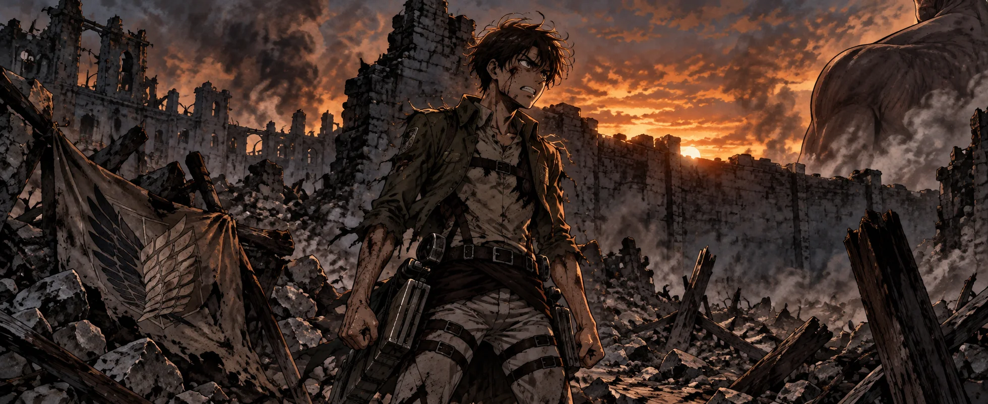 A young soldier in a strap harness stands in burning ruins at dusk as a giant shape looms behind.