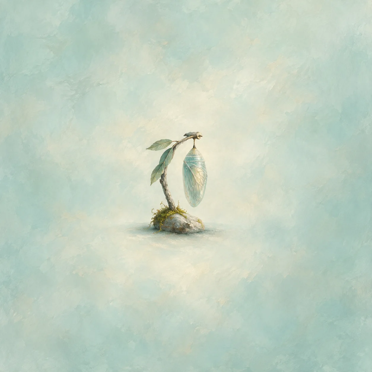 Translucent seafoam cocoon with faint wing patterns hanging from a leafy short support rooted in moss