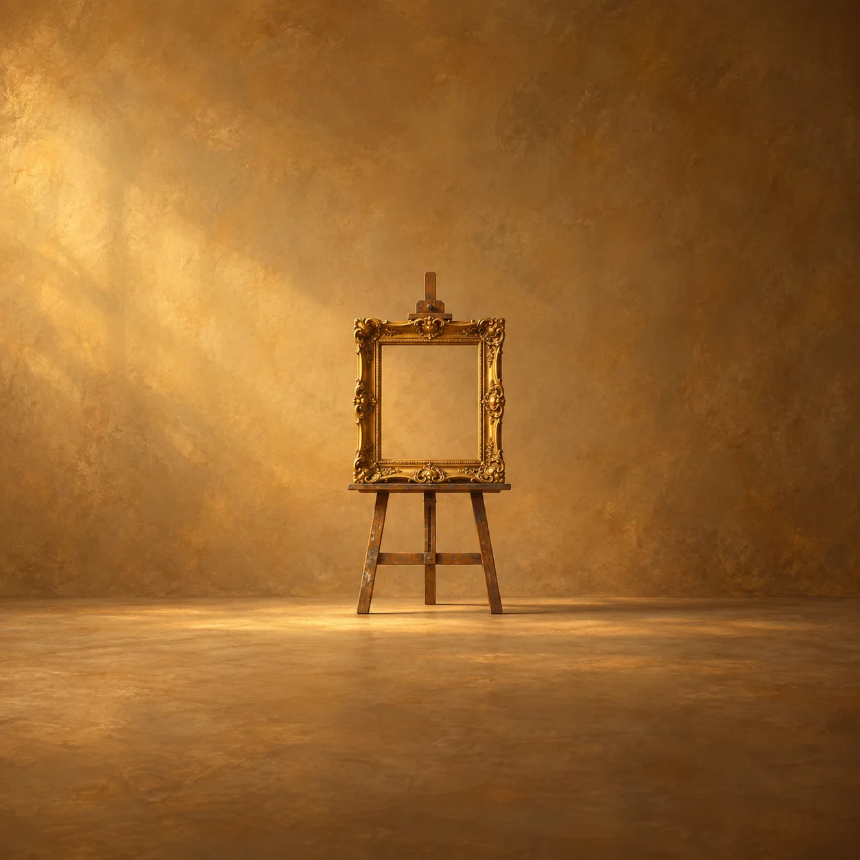 An ornate empty gold picture frame stands on a wooden easel in a warm ochre room.