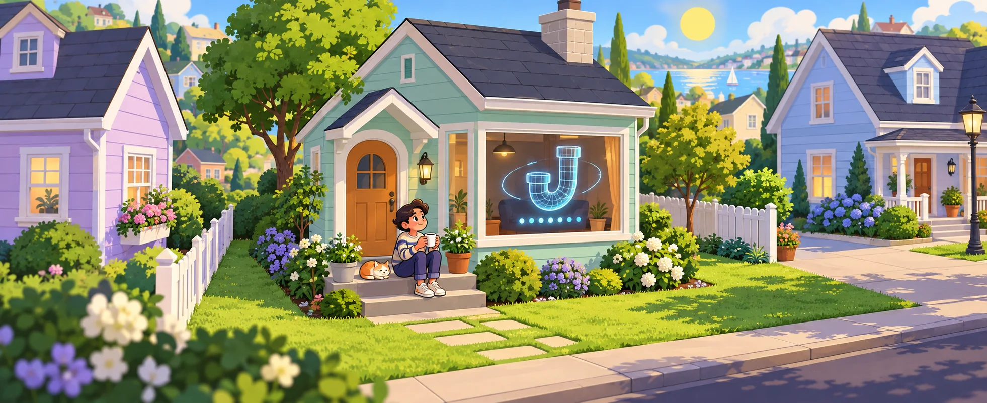 A child sits on the porch of a pastel suburban house, a strange glowing symbol in the window.