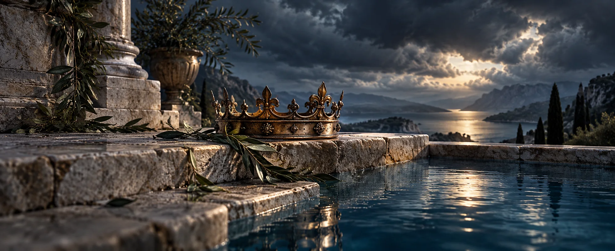 A small bronze crown rests on a pale stone step beside a deep blue pool under stormy light.