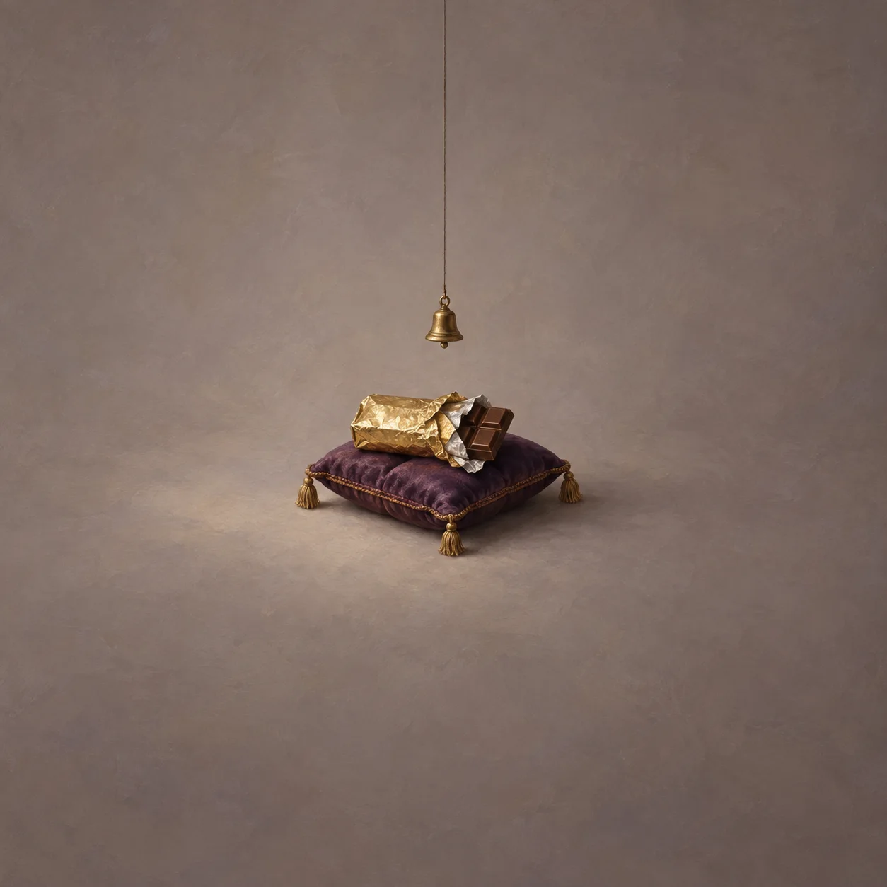 A partly unwrapped chocolate bar in gold foil rests on a purple cushion beneath a small hanging brass bell.