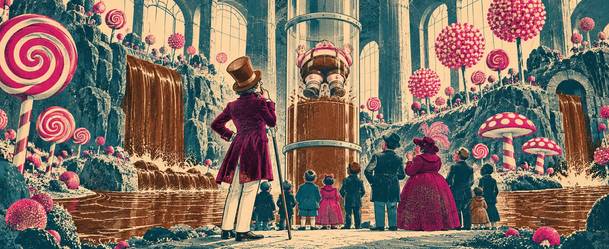 Risograph print of the Chocolate Room: a stout boy in lederhosen is wedged in a tall glass pipe above the chocolate river while the tour group stares up and Willy Wonka watches, chin in hand, among giant lollipops.