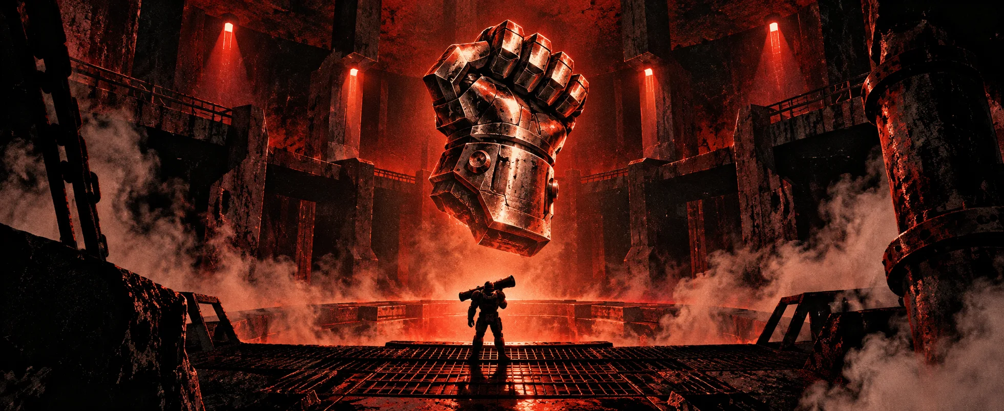 A lone fighter with a rocket launcher stands beneath a giant metal fist in a smoky red arena.