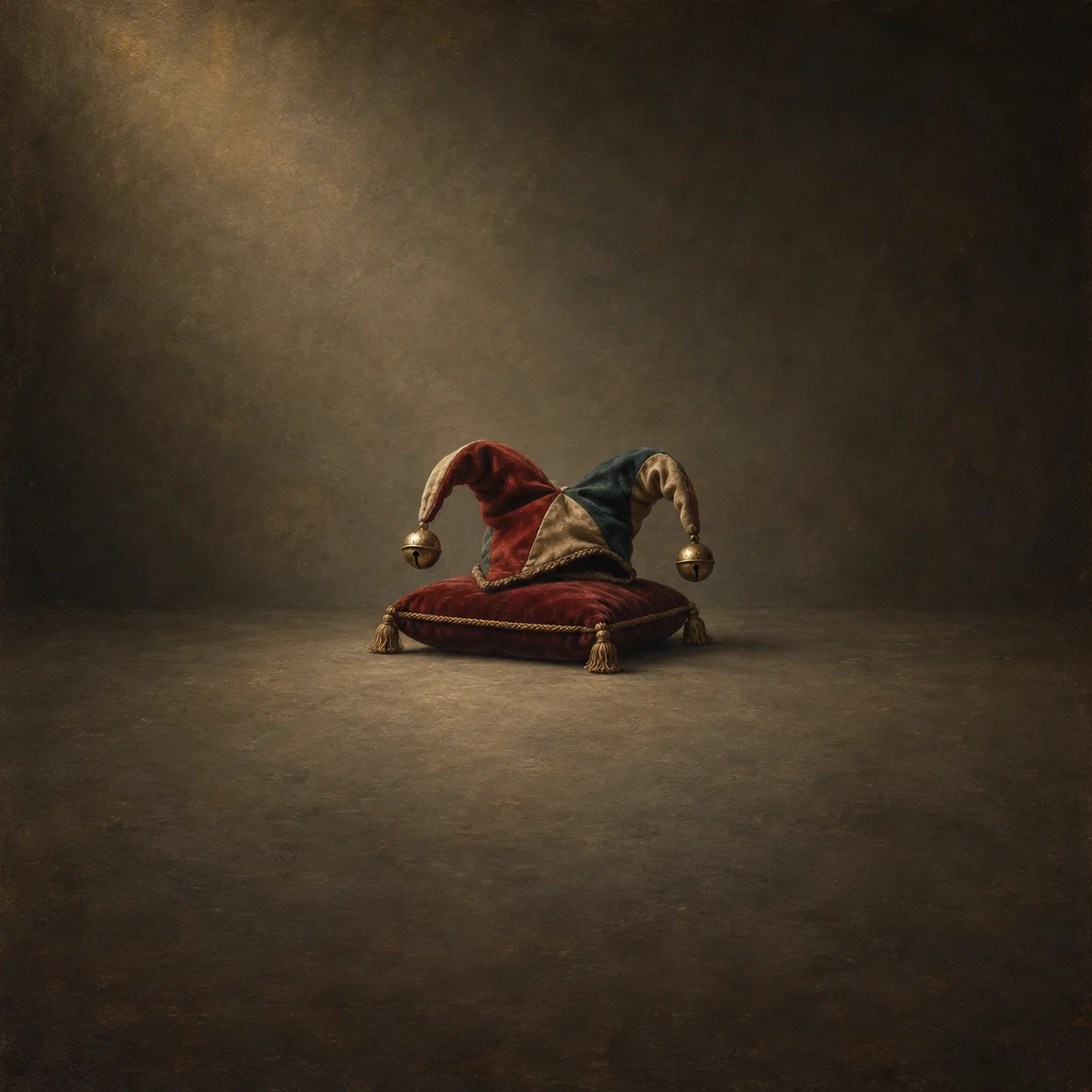 A multicolored jester's cap with gold bells rests on a burgundy velvet cushion.