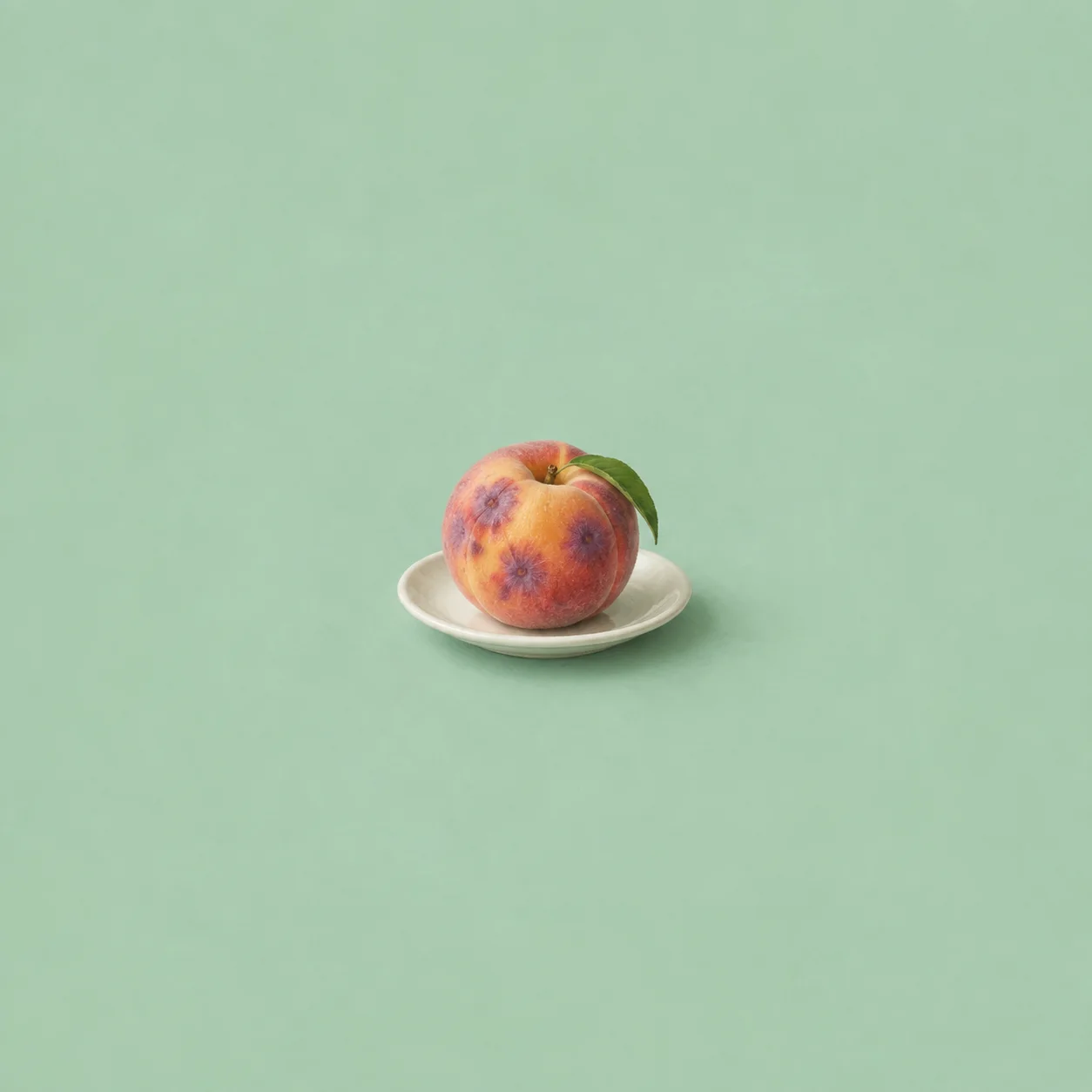 A yellow-orange peach with violet blotches rests on a white saucer against mint green.