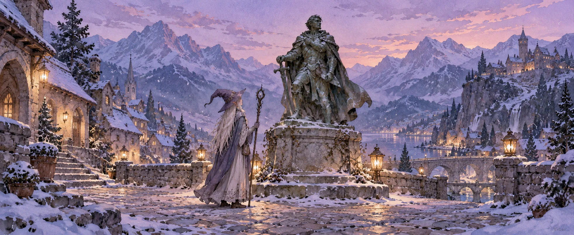 An elf mage in a white cloak with a staff stands before the statue of an old hero in a snowy mountain town at dusk.