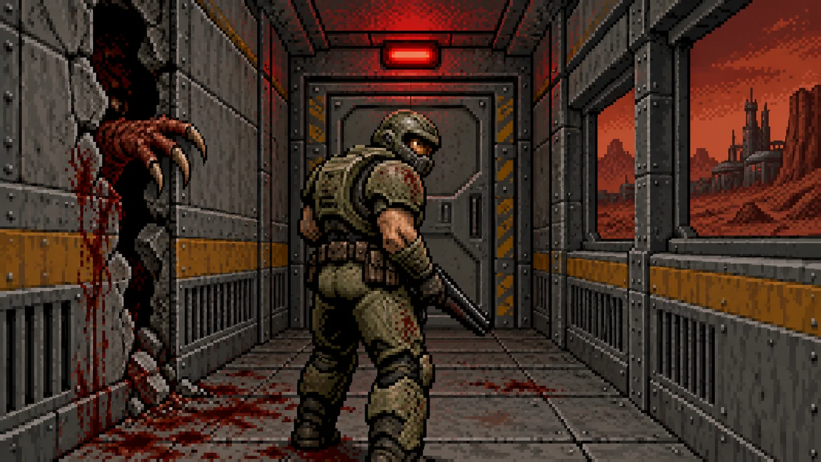 Pixel-art space marine in green armour glances nervously over his shoulder in a grey Mars base corridor as a clawed demon hand breaks through the bloodied wall beside him.