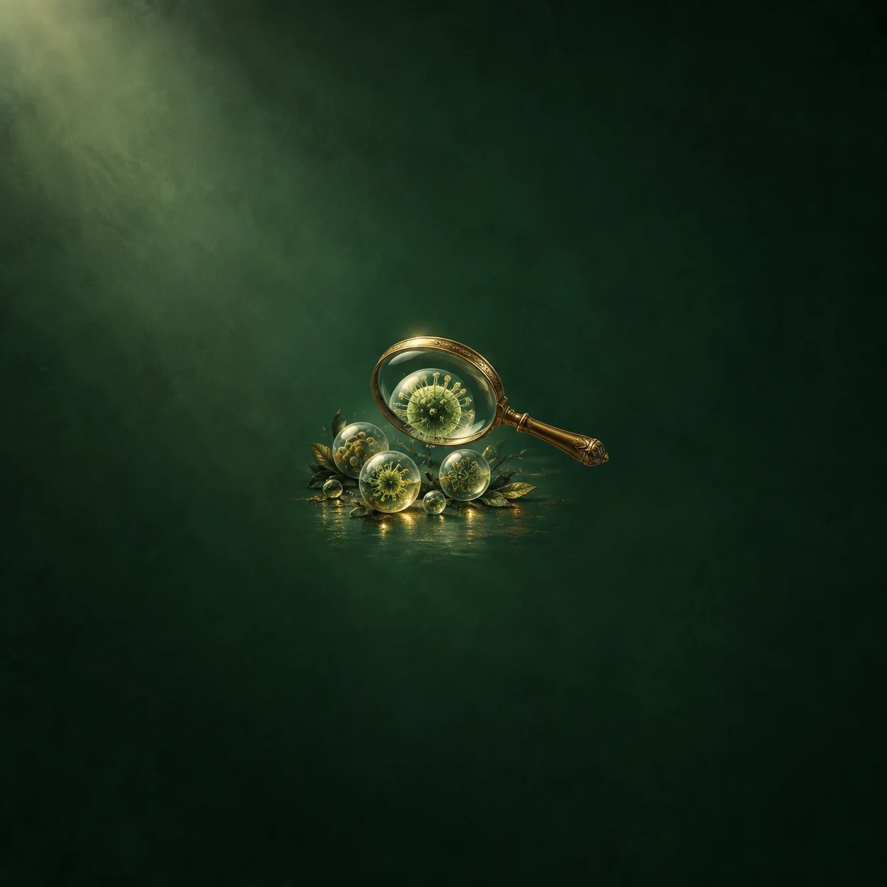 A brass magnifying glass enlarges a green spiky glass orb beside similar small orbs on an emerald surface.