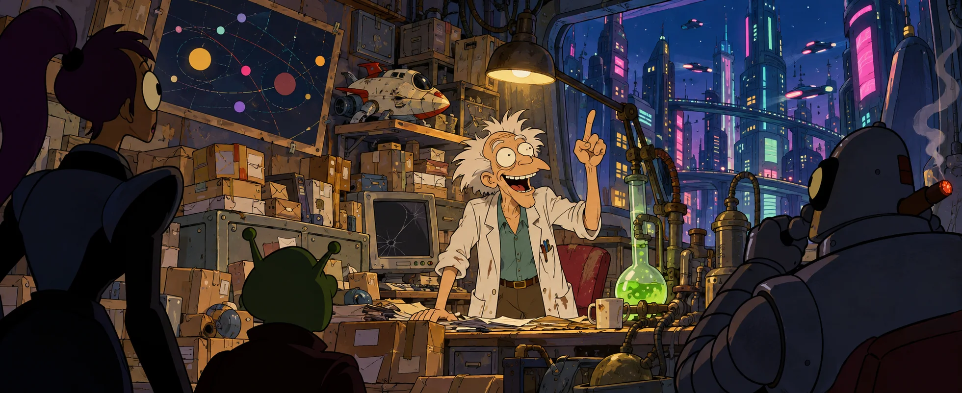 A white-haired old professor in a lab coat raises a finger with a manic grin in a cluttered delivery office, a one-eyed woman, a small green alien and a robot around him, a neon city outside.