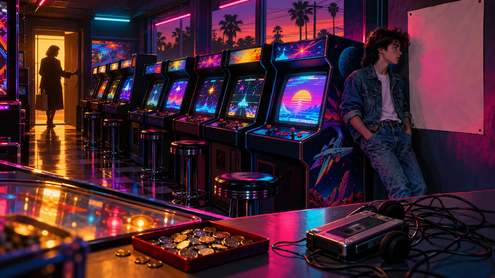 A teenager in a denim jacket leans by glowing arcade cabinets at dusk as a parent's silhouette appears in the doorway.