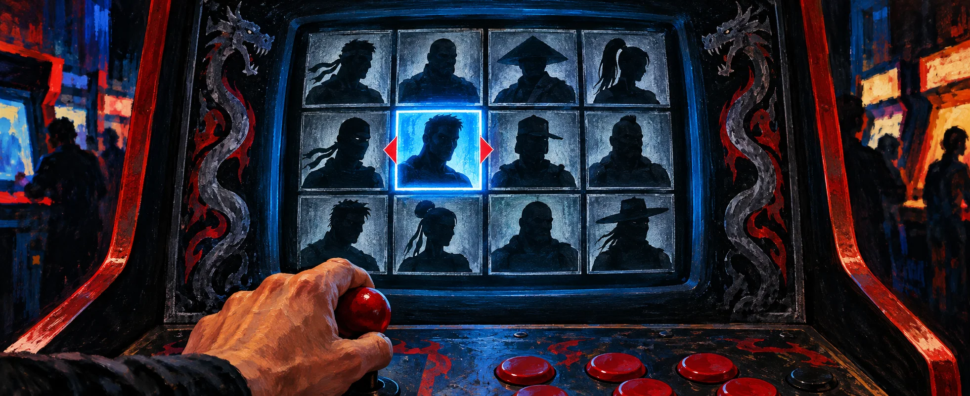 A hand grips an arcade joystick before a grid of shadowy fighter portraits, one lit in blue.