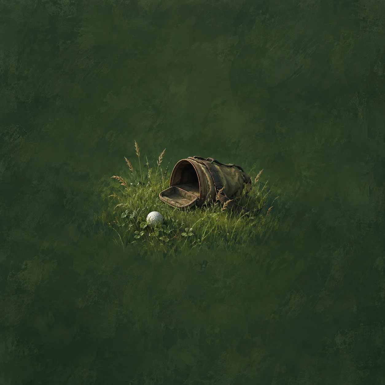 Painterly white golf ball in grass beside an overturned open khaki bag.